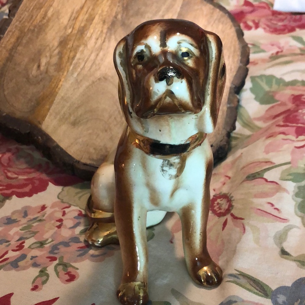ANTIQUE MCM Porcelain Glazed Dog Boxer Mastif Bulldog Gold Paint Accent Figurine